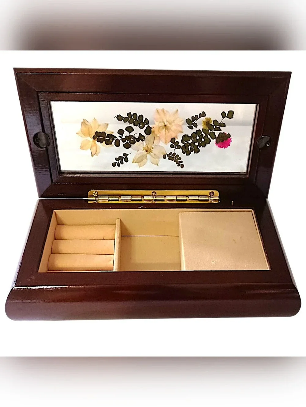 Wood Dried Pressed Flowers Jewelry Box Musical Plays Nadias Theme WORKS Vtg 90s